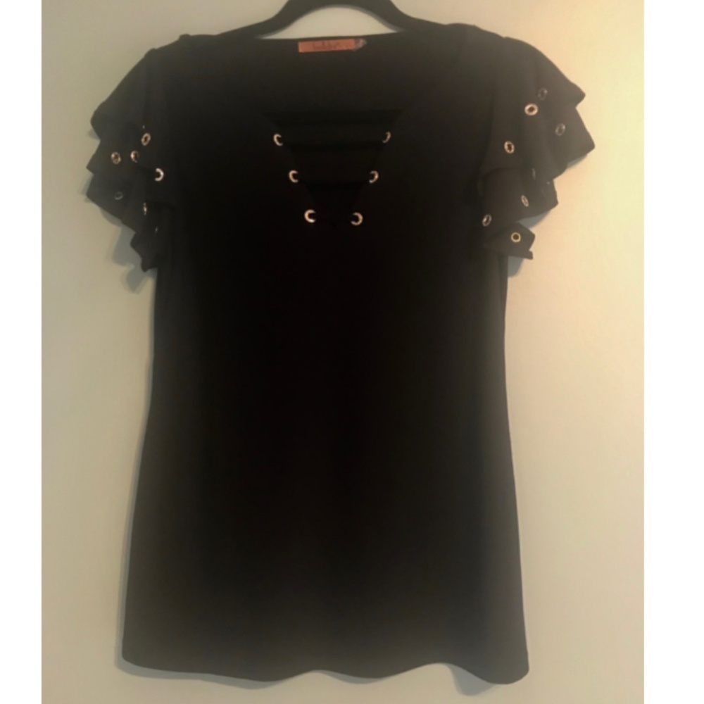 Belldini Black Double Ruffle Sleeve V-Neck Top